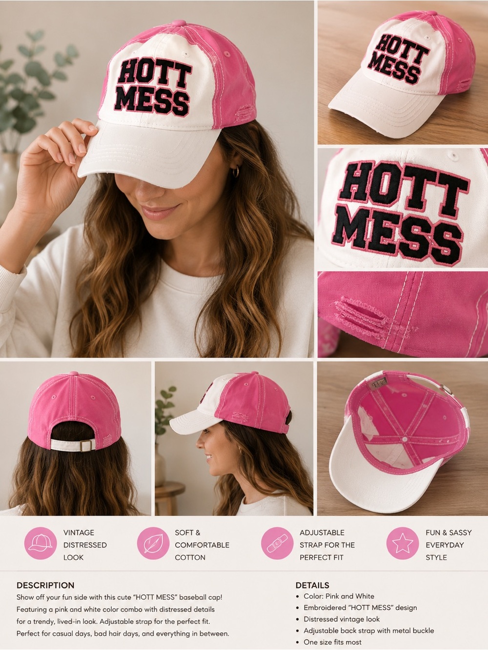HOTT MESS Pink & White Baseball Cap